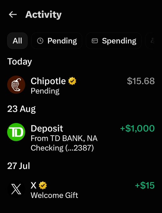 A Cash App activity screen showing a pending $15.68 Chipotle charge, a $1,000 deposit from TD Bank, and a $15 welcome gift from X.