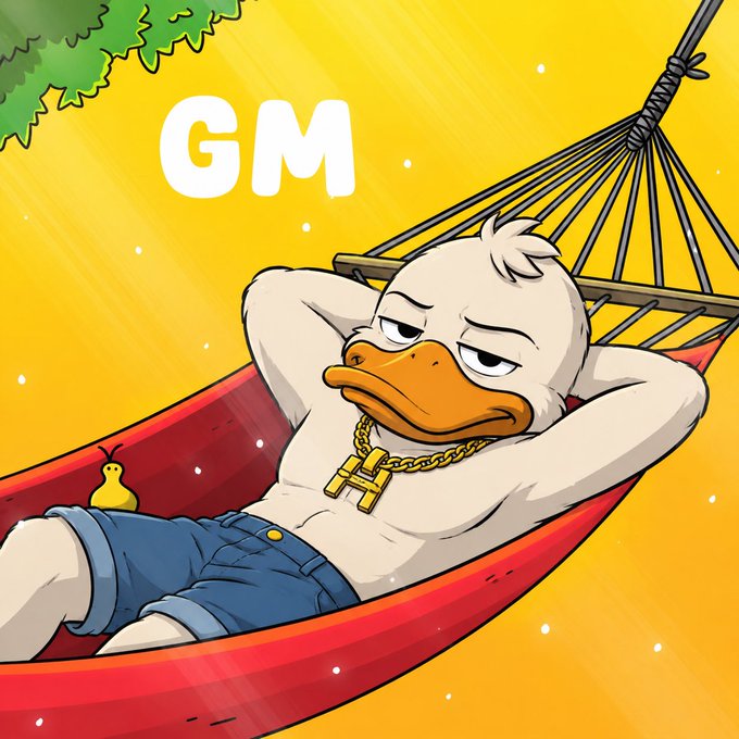 A cartoon duck wearing a gold chain and denim shorts relaxes in a red hammock under a sunny sky with the text 'GM' (Good Morning).