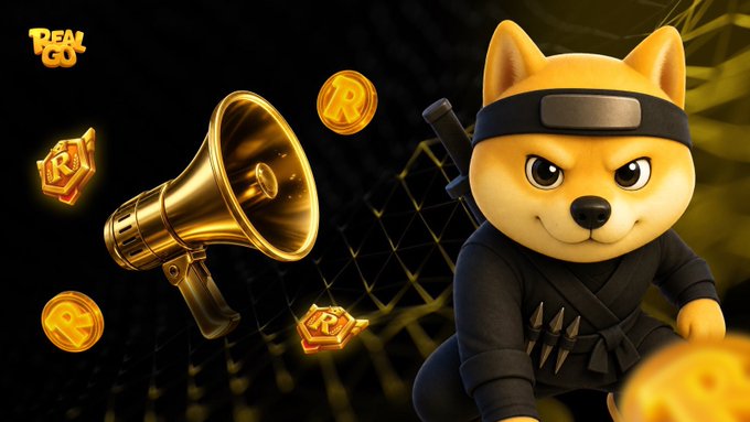 A Real Go promotional graphic shows a cartoon Shiba Inu dressed as a ninja beside a golden megaphone and floating “R” coins, with the “REAL GO” logo in the upper-left. The image serves as a celebratory marketing visual for Real Go, contrasting with the accompanying post’s accusation that the project is a scam and that its coin price has fallen 10x amid delays.