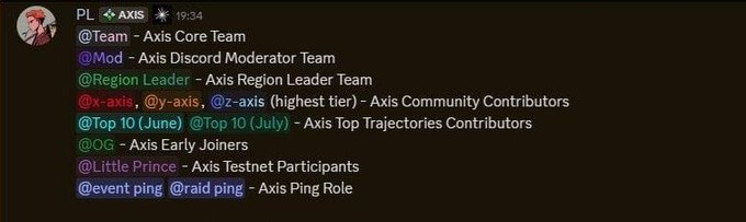A Discord message listing various Axis roles: @Team (Axis Core Team), @Mod, @Region Leader, @x-axis, @Top 10, @OG, @Little Prince, @event ping, and @raid ping.