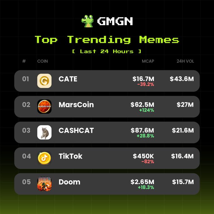 A GMGN leaderboard titled 'Top Trending Memes [Last 24 Hours]' lists CATE, MarsCoin, CASHCAT, TikTok, and Doom with their market caps and 24-hour volumes.