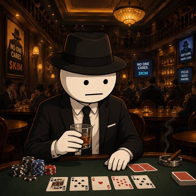 A faceless man in a black suit and fedora sits alone at a dimly lit poker table holding a whiskey glass, with banners in the background reading "NO ONE CARES $KIM," "KEEP GOING NOBODY CARES," and "FOCUS BUILD IGNORE," visually reinforcing the post's theme of absolute, no-backup conviction behind the ticker $KIM.