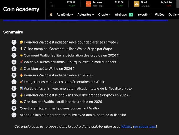 A webpage from 'Coin Academy' titled 'Sommaire' listing 12 topics about 'Waltio' and crypto tax declaration, with market tickers for Amazon (AMZN) and Gold (XAU) visible at the top.