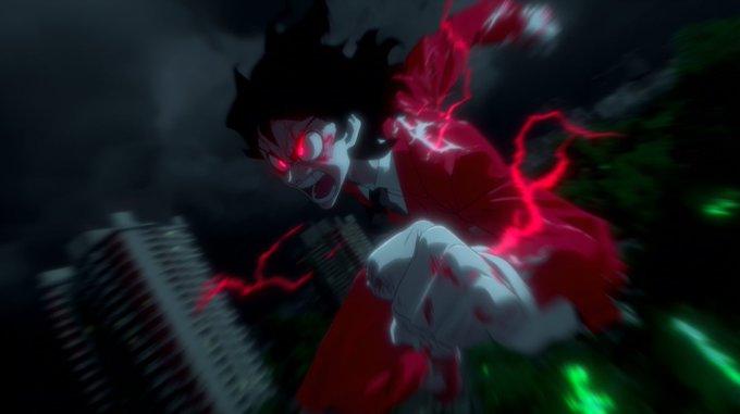 An anime-style illustration of a character with glowing red eyes and red lightning or energy emanating from their body, set against a dark, stormy urban background.