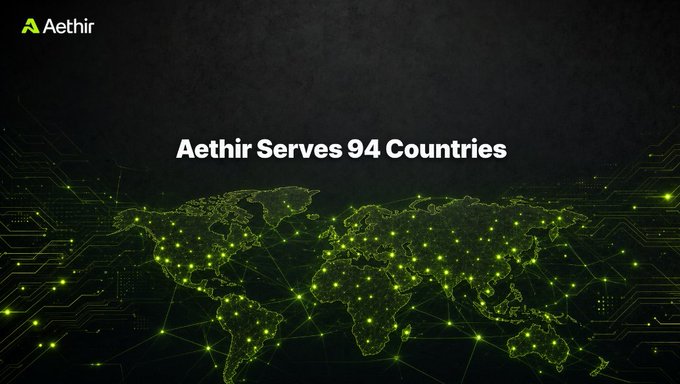 A graphic from Aethir featuring a world map with glowing green nodes and the text 'Aethir Serves 94 Countries'.