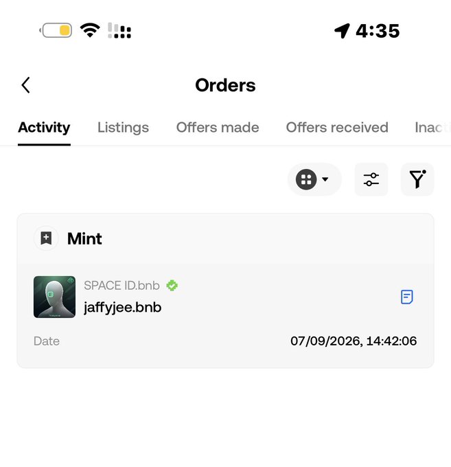 A mobile app screenshot of an 'Orders' activity page showing a Mint transaction for the BNB domain 'jaffyjee.bnb' associated with SPACE ID.bnb, dated 07/09/2026, 14:42:06.