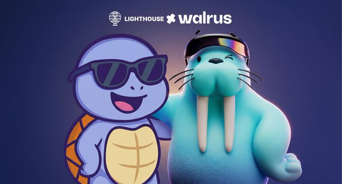 Two cheerful cartoon mascots—a turtle wearing sunglasses and a walrus sporting a VR-style visor—pose against a dark blue background beneath the "Lighthouse x Walrus" partnership banner, visually celebrating the integration that lets developers use both IPFS and Walrus storage with the same CIDs and SDK.