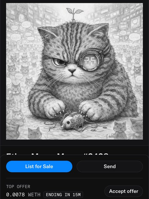 A detailed pencil-style illustration of a stern tabby cat wearing a digital monocle reading '22' and examining a dissected robot, with 'List for Sale', 'Send', and a top offer of '0.0078 WETH' displayed below.