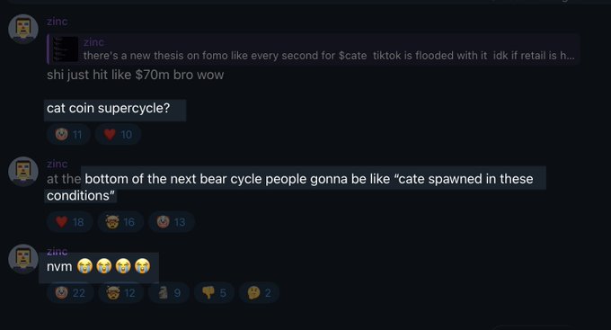 A Discord chat screenshot showing user "zinc" posting humorous crypto commentary, including references to a "cat coin supercycle," predictions about future bear cycles, and reactions like "crying face" emojis, with the $70m figure and emoji counts (11, 18, 22, etc.) visible alongside the punchlines that align with the caption's description of insider alpha and funny posts.