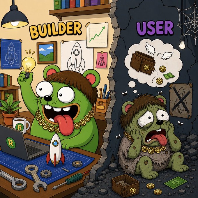 A cartoon illustration splitting two scenes: 'BUILDER' showing a happy green bear character with a lightbulb idea and rocket laptop, and 'USER' showing a sad, ragged bear character dreaming of a treasure chest.