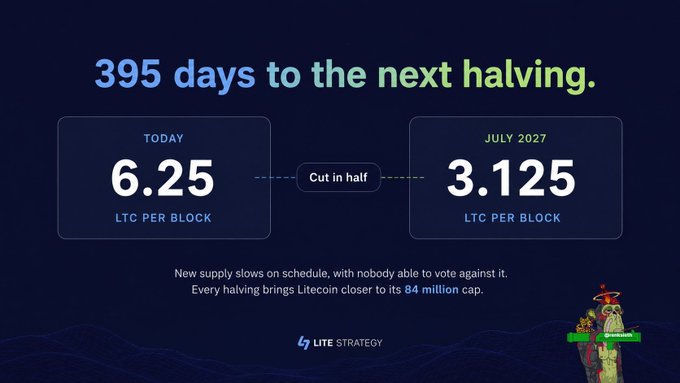 A Litecoin promotional graphic titled '395 days to the next halving' showing the block reward cutting in half from 6.25 LTC per block today to 3.125 LTC per block in July 2027, noting Litecoin's 84 million cap, branded by Lite Strategy.