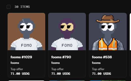 A dark-themed NFT marketplace displays pixelated alien avatar cards from the "fooms" collection, with listings like "fooms #1029" and "fooms #790" showing a top offer of "71.00 USDG."