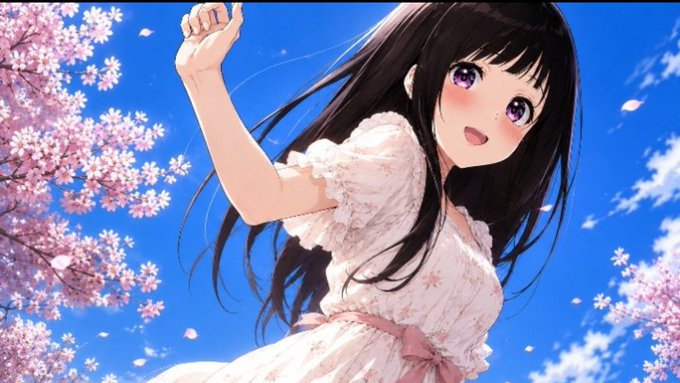 Anime-style illustration of a smiling girl with long black hair and purple eyes wearing a white dress, raising her fist amid falling cherry blossom petals against a bright blue sky.