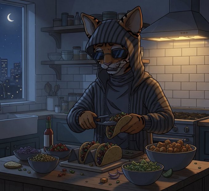 A stylish anthropomorphic cat wearing sunglasses and a striped hoodie assembles tacos in a warmly-lit kitchen at night, surrounded by bowls of fresh toppings and a bottle of hot sauce, capturing the laid-back, late-night vibes of "GN Homies."