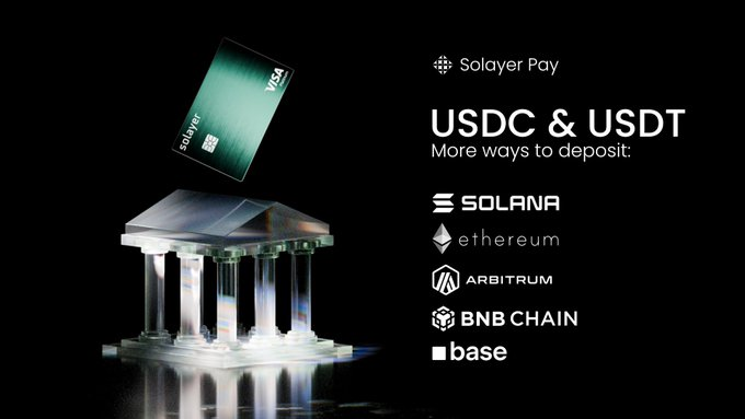 Solayer Pay advertisement showcasing a Visa card above a classical stone temple, promoting 'USDC & USDT: More ways to deposit' across Solana, Ethereum, Arbitrum, BNB Chain, and Base.
