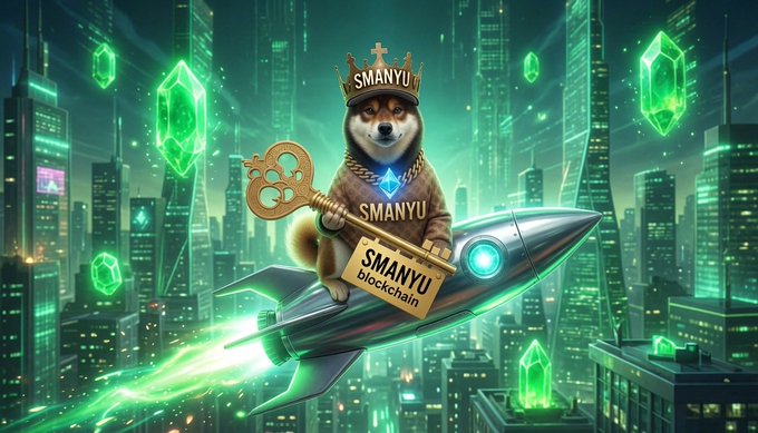 An anthropomorphic Shiba Inu wearing a "SMANYU" crown rides a rocket through a glowing green cityscape while wielding an ornate key and a "SMANYU blockchain" license plate. The rocket trajectory through the futuristic city visually reinforces the post's message of $MANYU "methodically making the right moves."