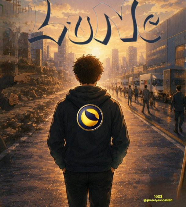 An anime-style illustration of a person viewed from behind wearing a dark hoodie with a LUNA cryptocurrency logo, facing a cityscape at sunset with graffiti reading 'Lune' above.