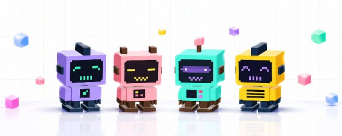 A row of four colorful robot characters (purple, pink, teal, and yellow) with smiling faces and small floating cubes on a white background.