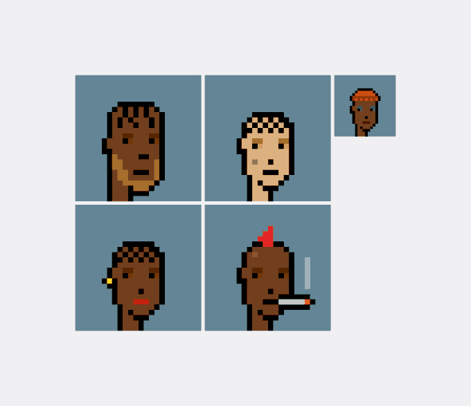 A pixel art character creator showing four character portraits with different skin tones and accessories on a light blue background.