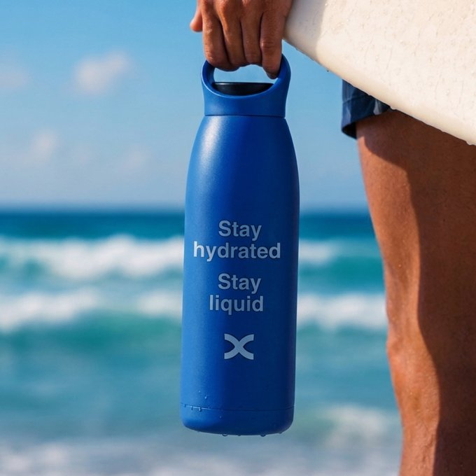 A hand holds a blue reusable water bottle inscribed with "Stay hydrated, Stay liquid" against a beach backdrop, visually echoing the post's message of replenishing both body and portfolio to maintain liquidity. The ocean setting reinforces the theme of refreshment and financial flow.