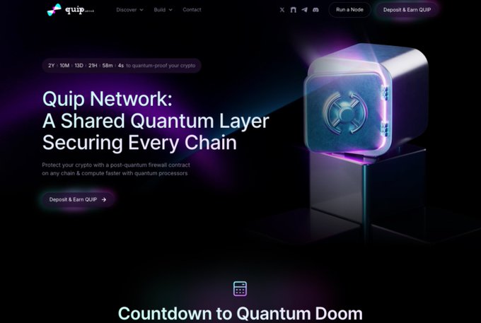 A promotional screenshot for Quip Network showing their tagline "Quip Network: A Shared Quantum Layer Securing Every Chain" with a 3D quantum cube graphic, highlighting "2Y 10M 13D 29H 58M 4s to quantum-proof your crypto" and a "Countdown to Quantum Doom" section—visually reinforcing the post's warning about quantum computing threats to crypto security.