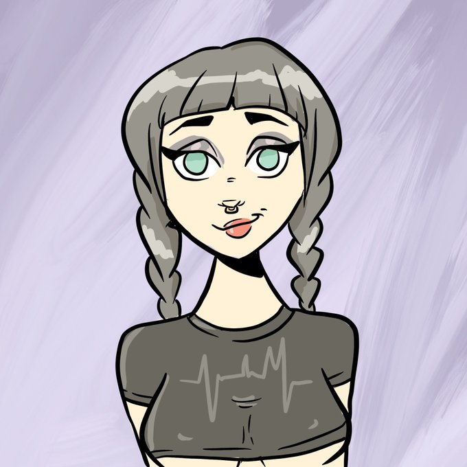 An illustration of a pale girl with grey braided hair, large green eyes, and a septum piercing, wearing a grey crop top with a heartbeat line design on a light purple background.