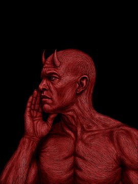 A detailed, red-tinted digital artwork of a horned demonic figure with its hand near its face, set against a dark background.
