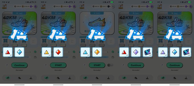 A mobile game screen showing 5 sneaker NFT options with different colored gems (triangles and diamonds) ready to be selected for an action.