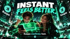 A dark advertisement graphic for Kaspa displaying the slogan 'INSTANT FEELS BETTER' and the message 'Kaspa confirms fast.' with a couple holding a phone.