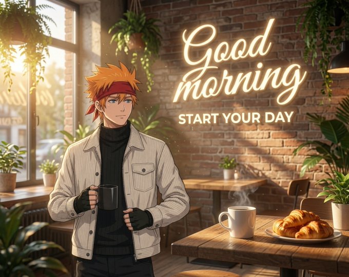 Anime-style illustration of an orange-haired character wearing a red bandana and cream jacket holding a coffee mug, with neon signage reading 'Good morning' and 'START YOUR DAY' displayed on a brick wall above a table with croissants.