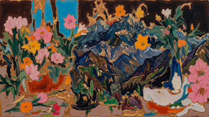 An expressive oil painting depicting flowers in vibrant pink, yellow, orange, and blue tones against a dark background with mountains and decorative elements.