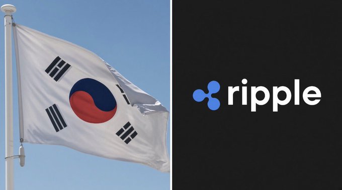 A split image showing the South Korean flag waving against a blue sky on the left, and the blue Ripple cryptocurrency logo on a black background on the right.