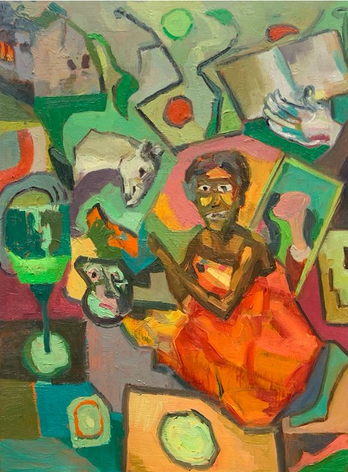 An abstract expressionist oil painting featuring a figure in an orange dress surrounded by green, yellow, and pink shapes, including a green wine glass and stylized animal faces.