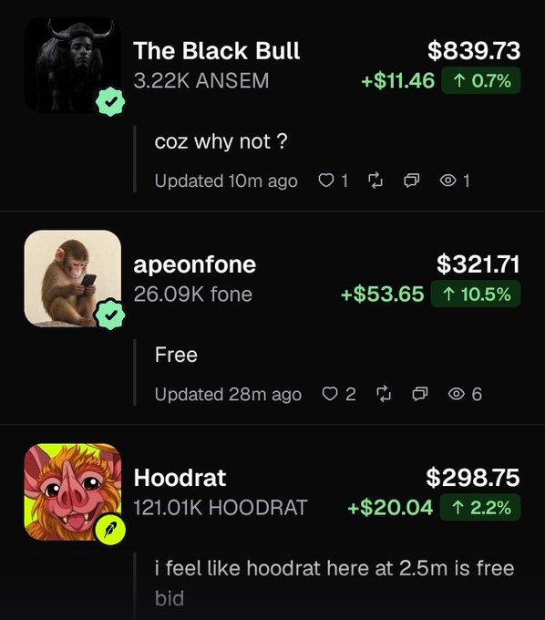 A Pumpfun app leaderboard screenshot displays three top traders—"The Black Bull" with $839.73 (+0.7%), "apeonfone" with $321.71 (+10.5%), and "Hoodrat" with $298.75 (+2.2%)—showcasing their recent profitable calls on tokens like ANSEM and HOODRAT to attract copy-trading followers.