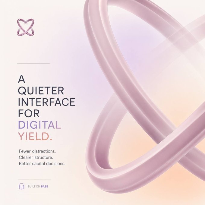 A promotional graphic for Velora Compute featuring a soft pink 3D infinity-like loop design with the tagline "A QUIETER INTERFACE FOR DIGITAL YIELD." and supporting text "Fewer distractions. Clearer structure. Better capital decisions." alongside a "BUILT ON BASE" badge, visually reinforcing the post's introduction of Velora as a streamlined compute capital market on Base for providers, buyers, and funds.