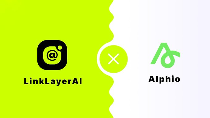 A graphic showing a partnership or split between two brands, "LinkLayerAI" on a green background on the left and "Alphio" on a white background on the right, separated by an 'x' symbol.
