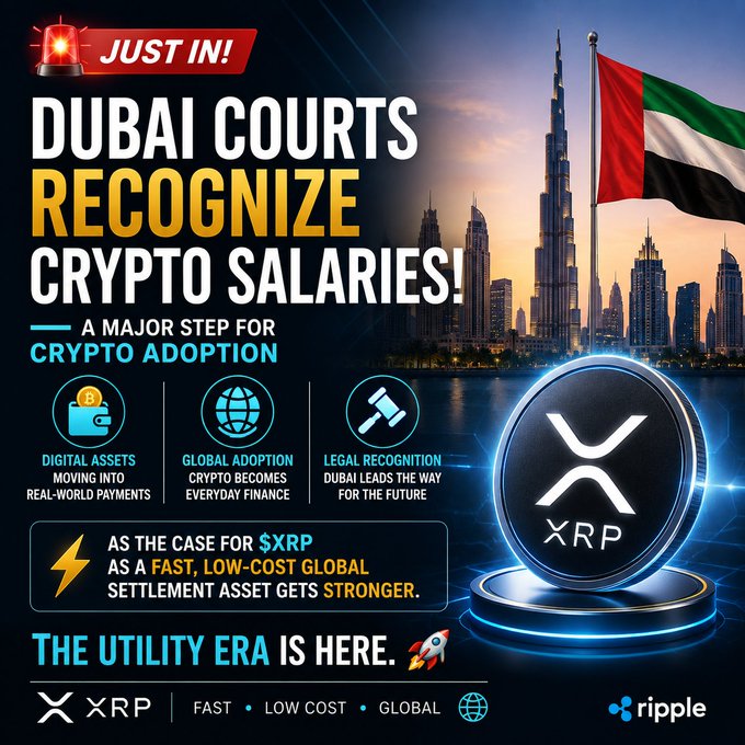 The image is a promotional graphic titled "JUST IN! DUBAI COURTS RECOGNIZE CRYPTO SALARIES!" featuring the Dubai skyline and UAE flag alongside a large XRP coin, highlighting Dubai's legal recognition of crypto as a major step for adoption and positioning $XRP as a fast, low-cost global settlement asset.

It directly supports the post by visually reinforcing the headline claim about Dubai recognizing crypto salaries and tying that development to XRP's real-world payment utility, with branded Ripple/XRP elements and icons emphasizing digital assets, global adoption, and legal recognition.