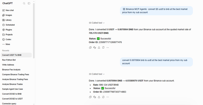 A ChatGPT conversation showing successful Binance MCP agent trades converting $5 USDT to 0.0070904 BNB and back to 4.93580079 USDT.