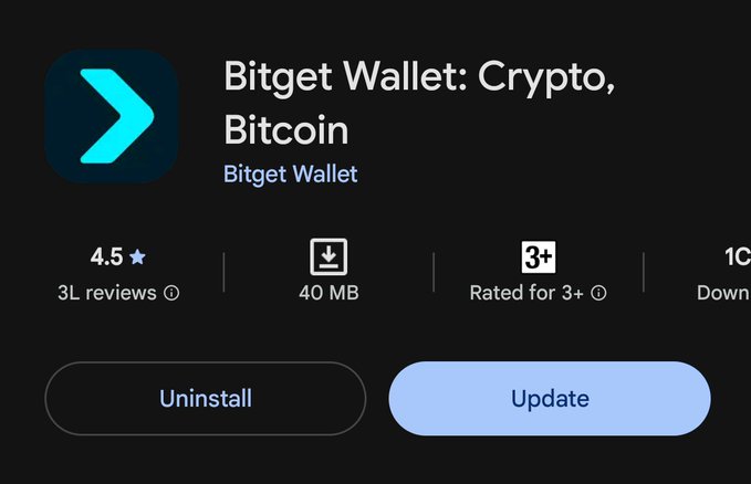 Google Play Store listing for "Bitget Wallet: Crypto, Bitcoin" by Bitget Wallet, showing a 4.5-star rating from 3L reviews, 40 MB download size, rated for 3+, with Uninstall and Update buttons visible.