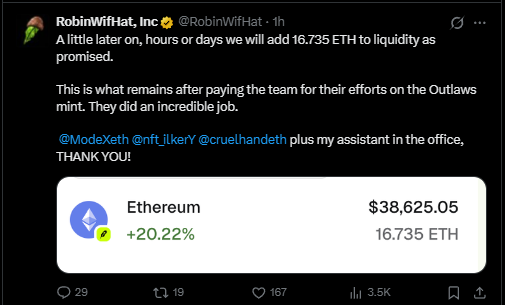 A tweet from @RobinWifHat announcing the addition of 16.735 ETH to liquidity, showing an Ethereum price of $38,625.05 (+20.22%).