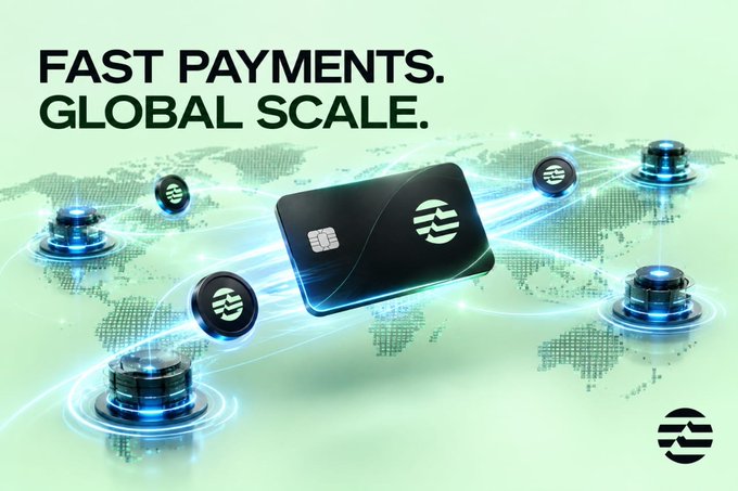 Marketing graphic reading 'FAST PAYMENTS. GLOBAL SCALE.' featuring a black crypto card and digital currency icons floating over a world map.