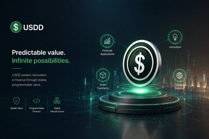 A promotional graphic for the USDD stablecoin featuring the text "Predictable value. Infinite possibilities." and highlighting features like Stable Value, Programmable Finance, and Digital Infrastructure.