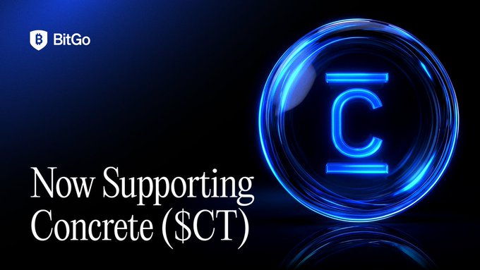 A BitGo promotional graphic with a glowing blue cryptocurrency logo, displaying the text 'Now Supporting Concrete ($CT)'.