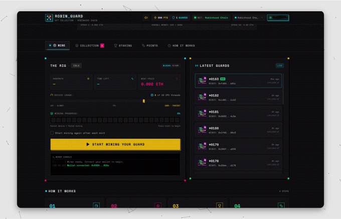 A dark-themed dashboard for "ROBIN_GUARD" NFT mining shows the "MINE" tab active with a rig set to mine ward #0069 at 0.002 ETH for 1,150,191 attempts, alongside a "LATEST GUARDS" panel listing recently minted NFTs like #0163, #0152, and #0151. The interface confirms the user's described experience of the mining process, displaying real-time mining progress, point earnings (50 PTS), and a "START MINING YOUR GUARD" button.
