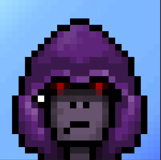 A pixel art portrait of a purple gorilla or ape-like character with red eyes against a light blue background.
