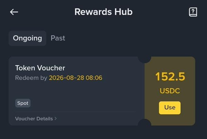 A Rewards Hub screen displaying a Token Voucher for 152.5 USDC redeemable by 2026-08-28 08:06, with a "Use" button for Spot.