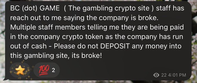 A text message warning that BC.GAME, a gambling crypto site, has gone broke, with staff being paid in company tokens and urging users not to deposit money.