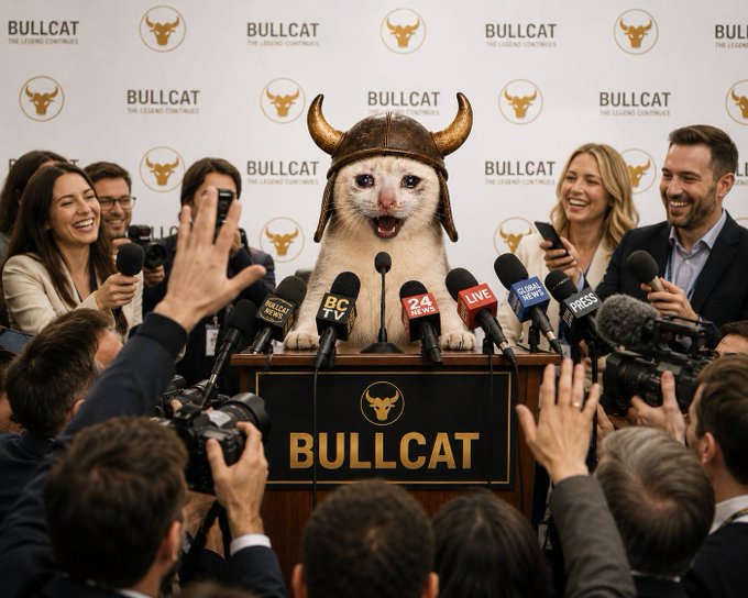 A white cat wearing a Viking-style horned helmet stands at a podium labeled "BULLCAT," surrounded by reporters with microphones (including "BC TV," "24," and "LIVE") and a backdrop repeating the "BULLCAT" logo with bull icons, capturing the humorous press conference scene tied to "$BULLCAT's" comeback announcement.