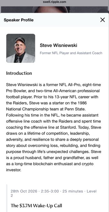 A speaker profile on swell.ripple.com for Steve Wisniewski, a former NFL All-Pro, eight-time Pro Bowler, and two-time All-American professional football player, advertising an October 28th talk titled 'The $3.7M Wake-Up Call.'