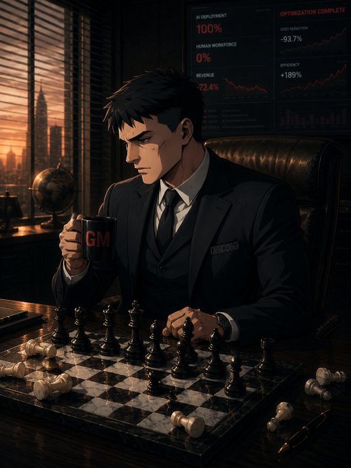 A weary businessman in a dark suit sits at his desk holding a mug labeled "GM" (good morning), with a chess board in front of him and ominous red charts behind displaying "AI DEPLOYMENT 100%", "HUMAN WORKFORCE 0%", "REVENUE -72.4%", and "OPTIMIZATION COMPLETE" — visually mirroring the post's early-morning vigil of an insomniac watching Bitcoin cycles, where the player (the "human workforce") has been strategically displaced by an algorithmic opponent closing in for the final move.
